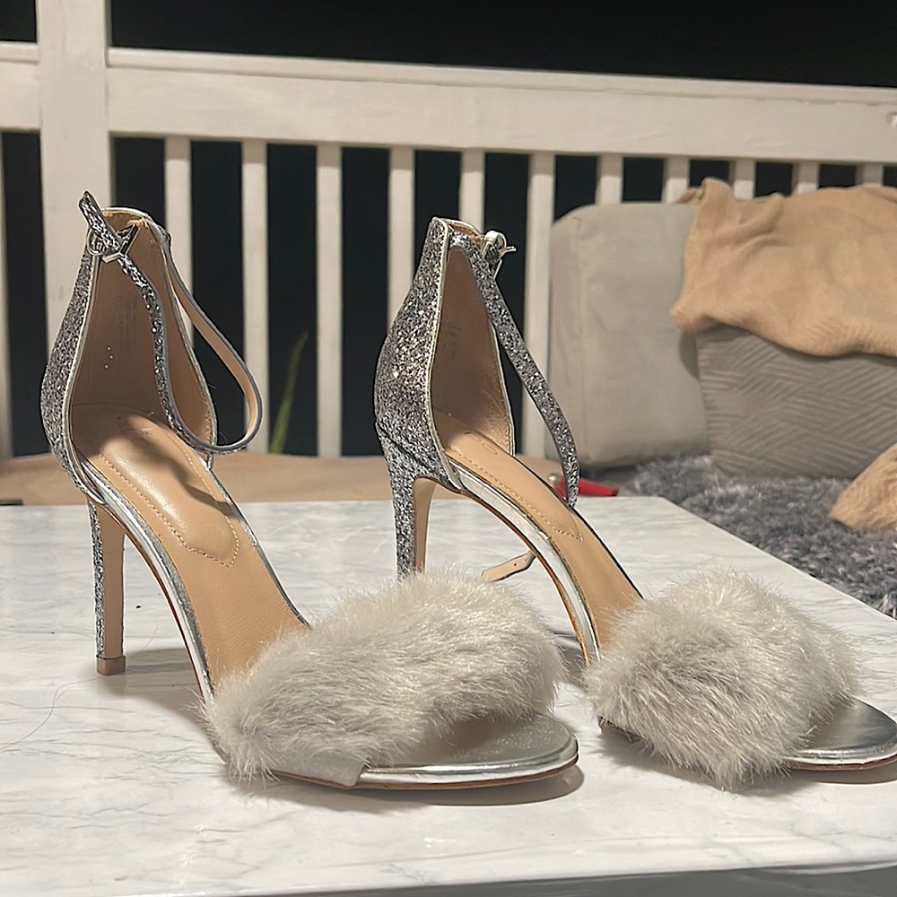 Silver glitter fur heels
